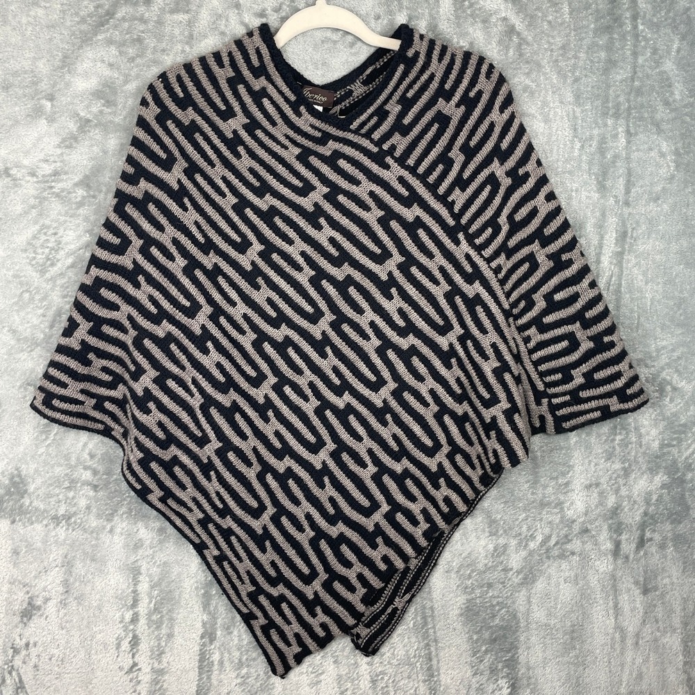 Iperico Poncho Sweater Black Beige Geometric Knit Made In Italy One Size Outdoor